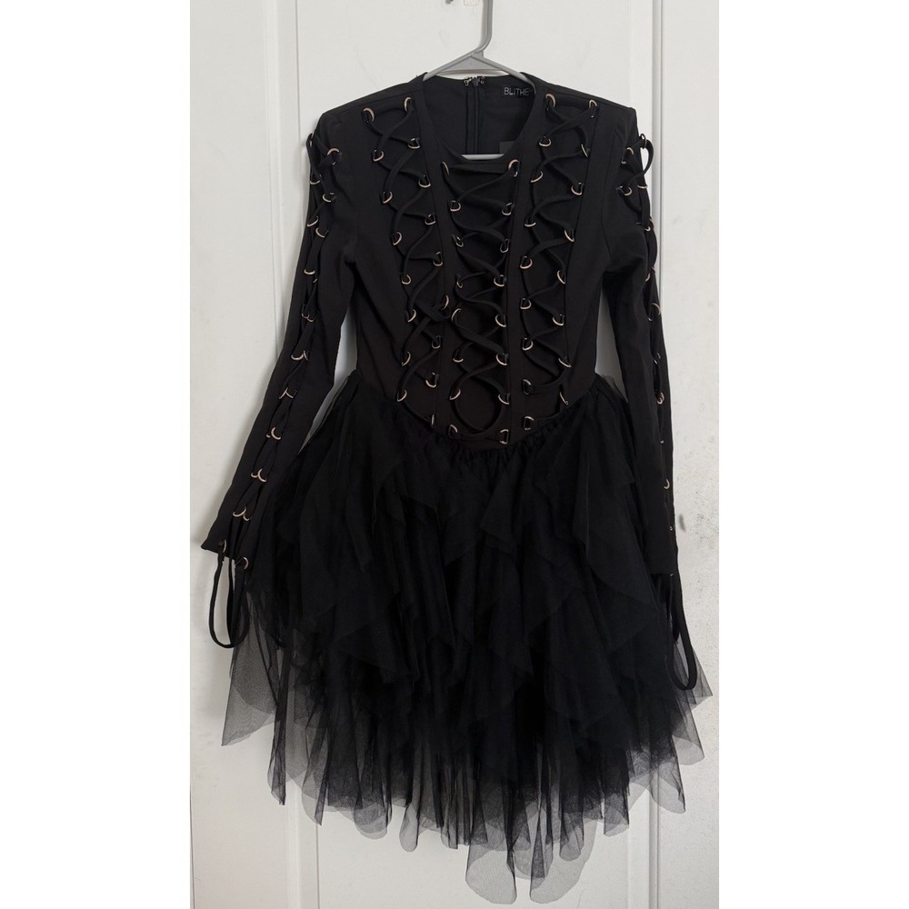 Blithe LA Lace Up Dress Goth Black Tiered Tulle Steampunk Size Medium